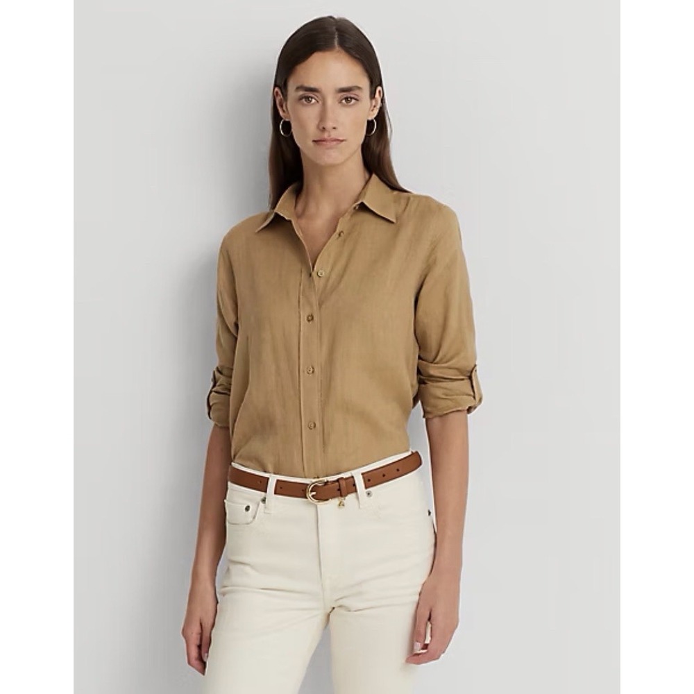 Lauren Ralph‎ Lauren Relaxed Fit Linen Roll Tab–Sleeve Shirt Khaki Women Large